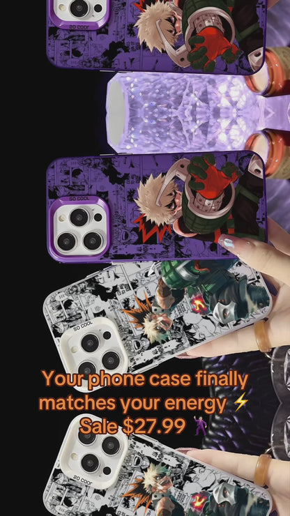 Katsuki Bakugo Anime Phone Case for iPhone 16 15 14 13 12 11 Pro Max - Black Matte Multicolor Laser Metallic Aurora Cover
