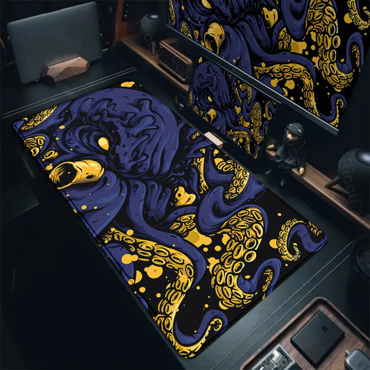 Riccu large octopus gaming mouse pad with purple and gold tentacle artwork on extended desk mat for gamers