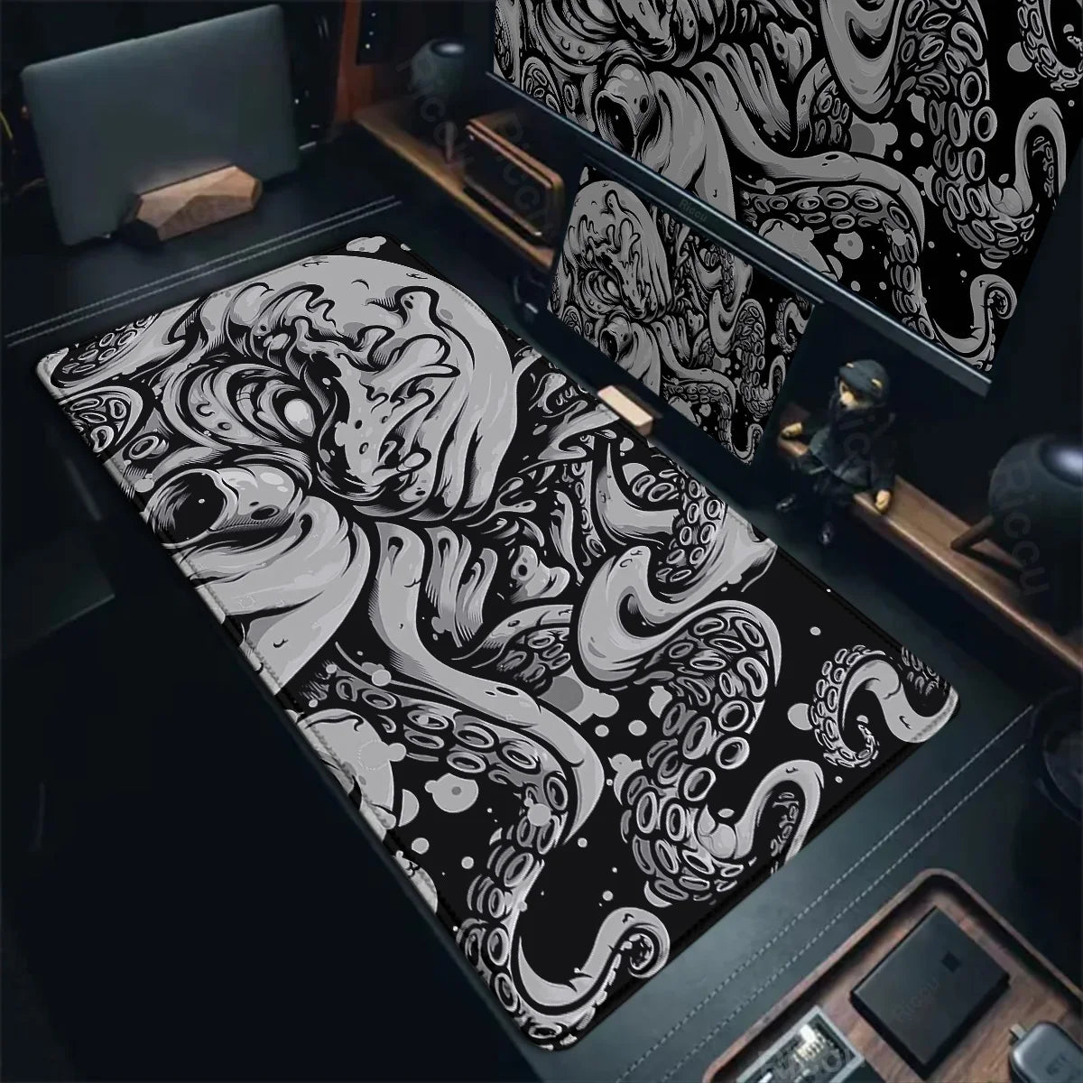 Riccu large octopus gaming mouse pad black and white art extended desk mat for PC gaming setups