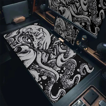 Riccu large octopus gaming mouse pad black and white art extended desk mat for PC gaming setups