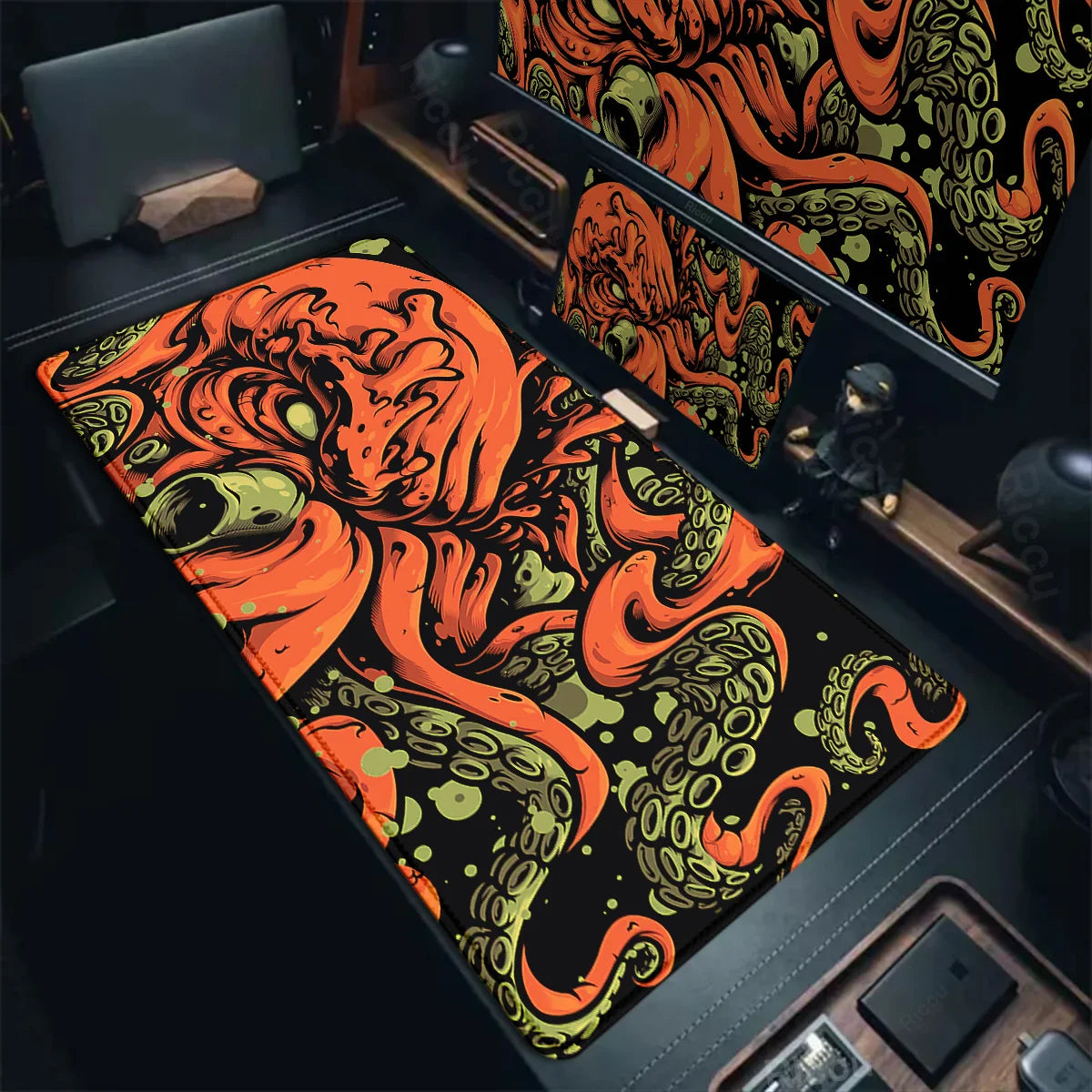 Riccu large octopus gaming mouse pad with vivid orange octopus art on extended black desk mat for gamers