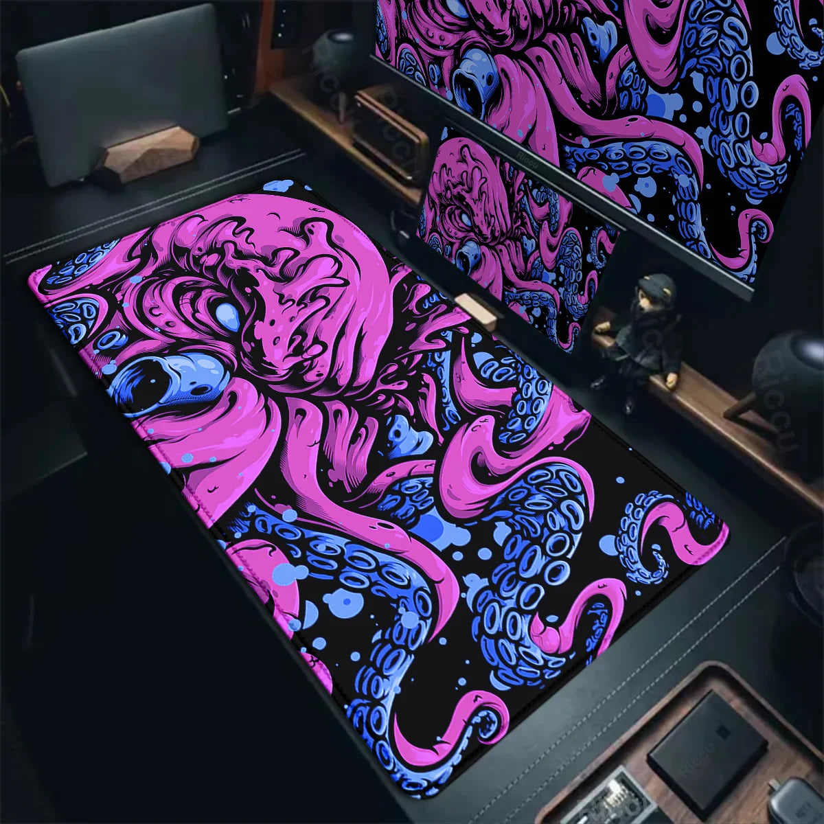 Riccu large octopus gaming mouse pad pink and blue octopus design on black extended desk mat for keyboard and mouse