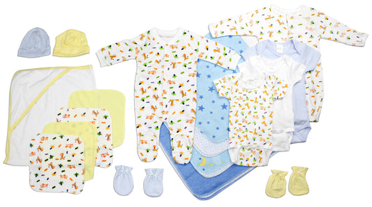 Emerald Clover newborn baby boy layette set with sleepers bodysuits hats mittens blankets in blue yellow animal print
