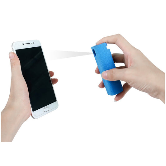Salmon Lucky phone screen cleaner spray blue portable bottle sprayed on white smartphone held by two hands