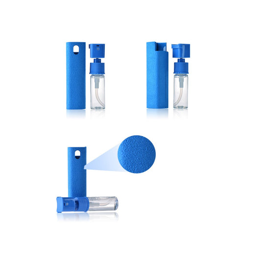 Salmon Lucky compact phone screen cleaner spray with refillable clear bottle and blue textured case