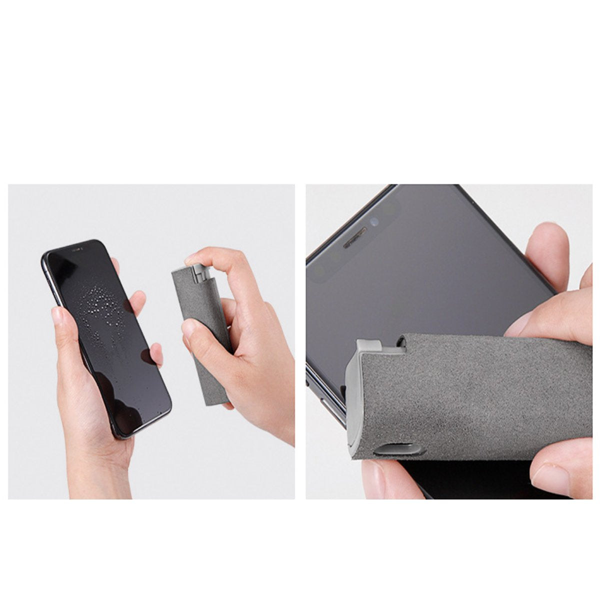 Salmon Lucky phone screen cleaner spray compact grey pocket bottle sprayed then wiped on smartphone