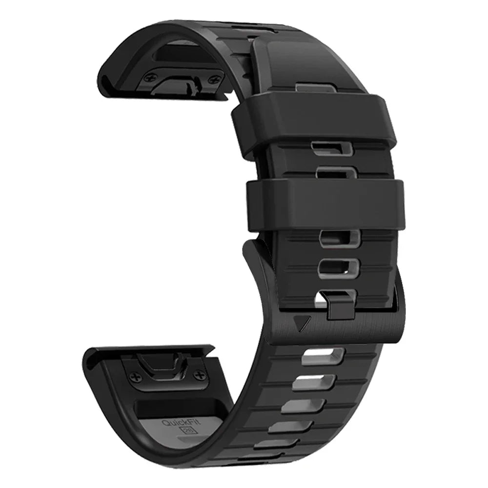 Black silicone Garmin Instinct 2X replacement band with quick release pins and adjustable clasp