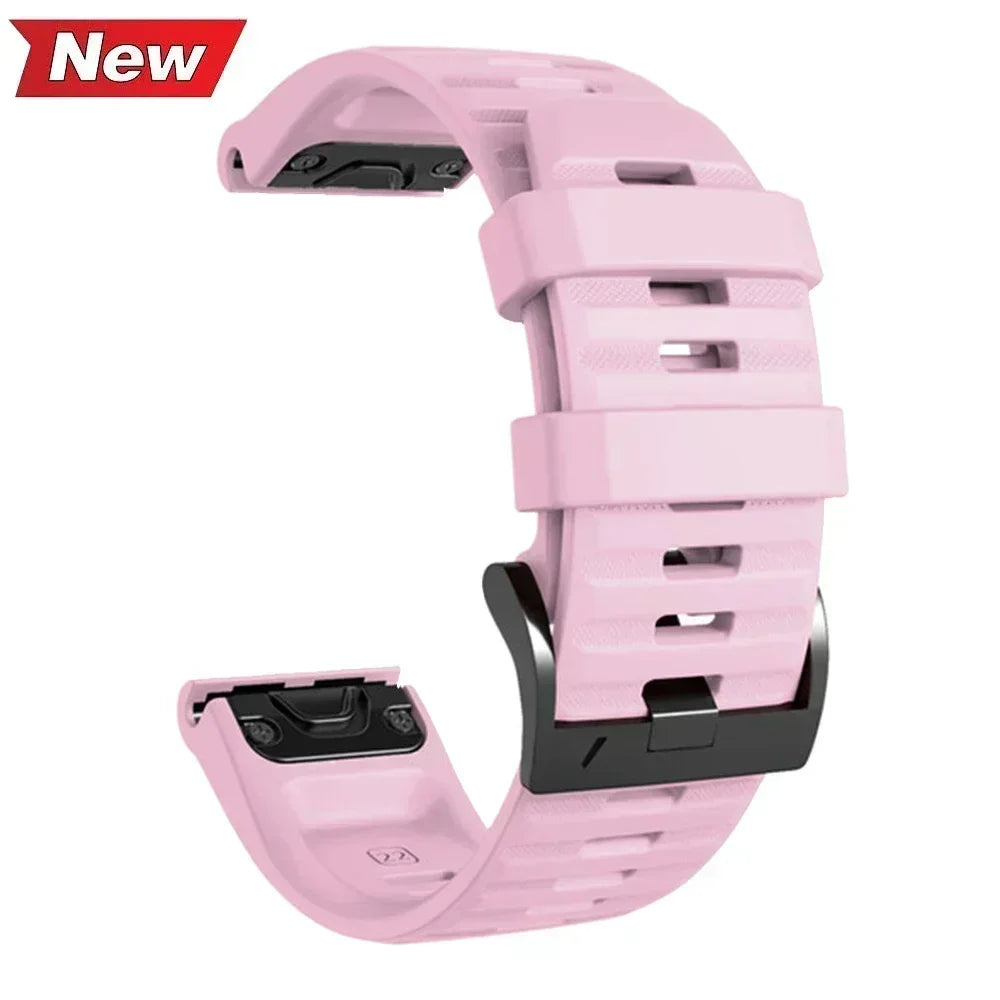 Pink silicone Garmin Instinct 2X replacement band with quick release connectors and black metal buckle