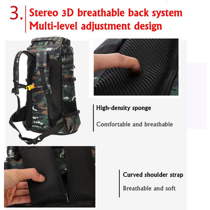 Waterproof military backpack 70L with breathable back system and adjustable shoulder straps