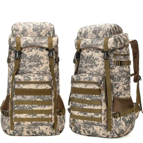 Yellow Pandora waterproof military backpack 70L with camouflage pattern and adjustable straps for outdoor adventures
