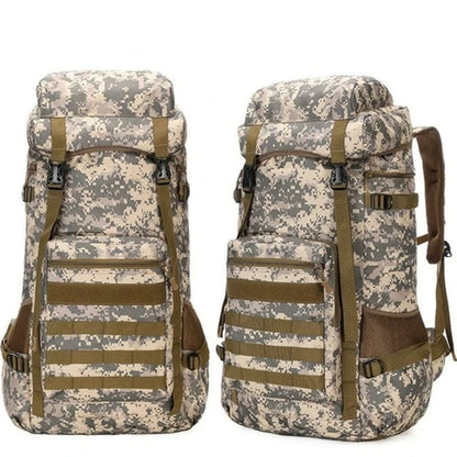 Yellow Pandora waterproof military backpack 70L with camouflage pattern and adjustable straps for outdoor adventures