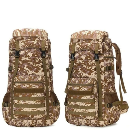 Yellow Pandora waterproof military backpack 70L in camouflage pattern for outdoor adventures