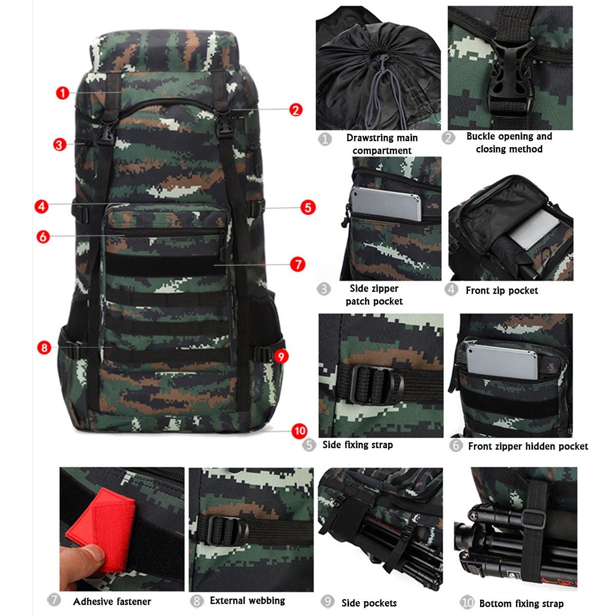 Waterproof military backpack 70L with multiple pockets and durable camouflage design for camping adventures