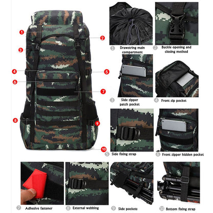 Waterproof military backpack 70L with multiple pockets and durable camouflage design for camping adventures