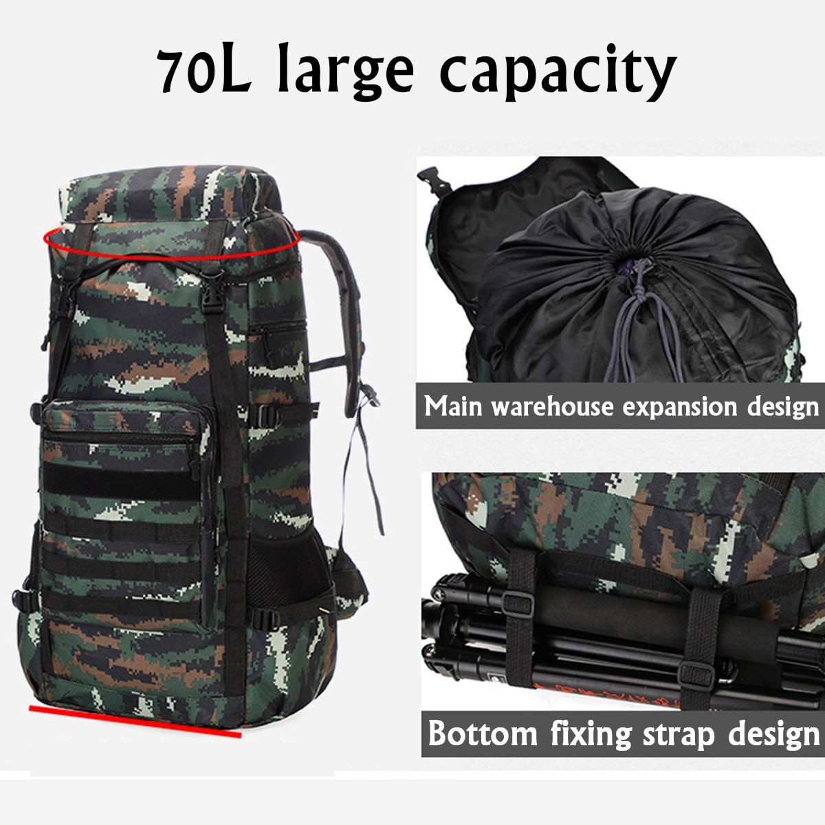 Yellow Pandora waterproof military backpack 70L in camouflage design with large capacity features