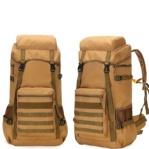 Yellow Pandora waterproof military backpack 70L with adjustable straps and multiple pockets for outdoor adventures