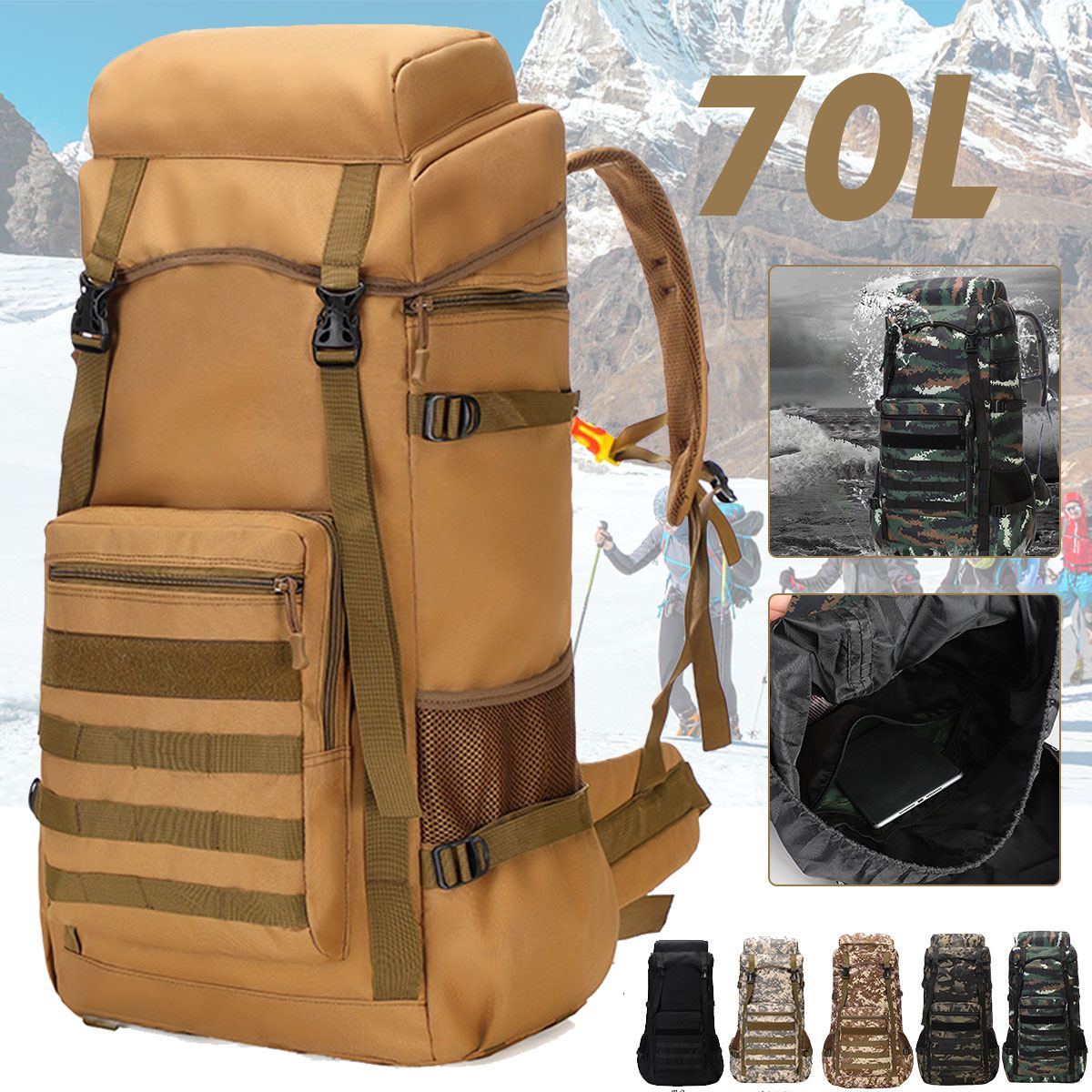 Waterproof military backpack 70L with multiple compartments for outdoor camping adventures
