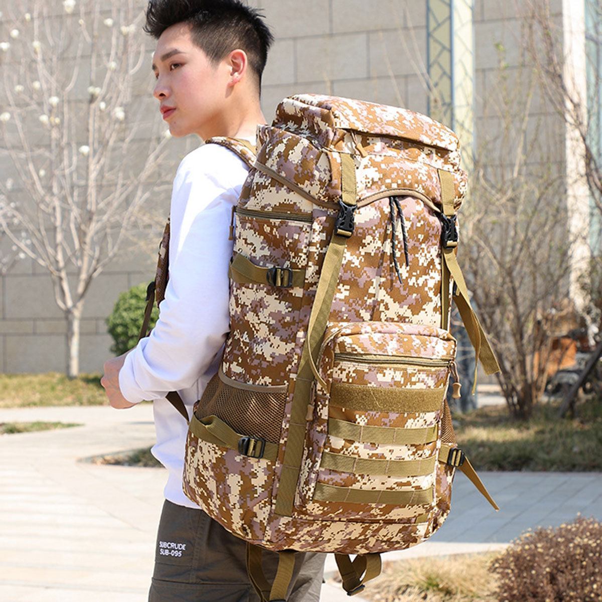 Yellow Pandora waterproof military backpack 70L with camo design and multiple storage compartments