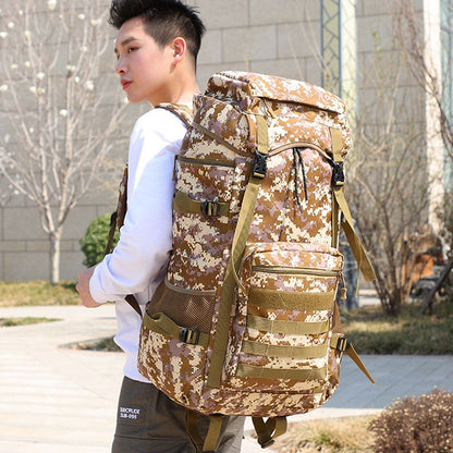 Yellow Pandora waterproof military backpack 70L with camo design and multiple storage compartments