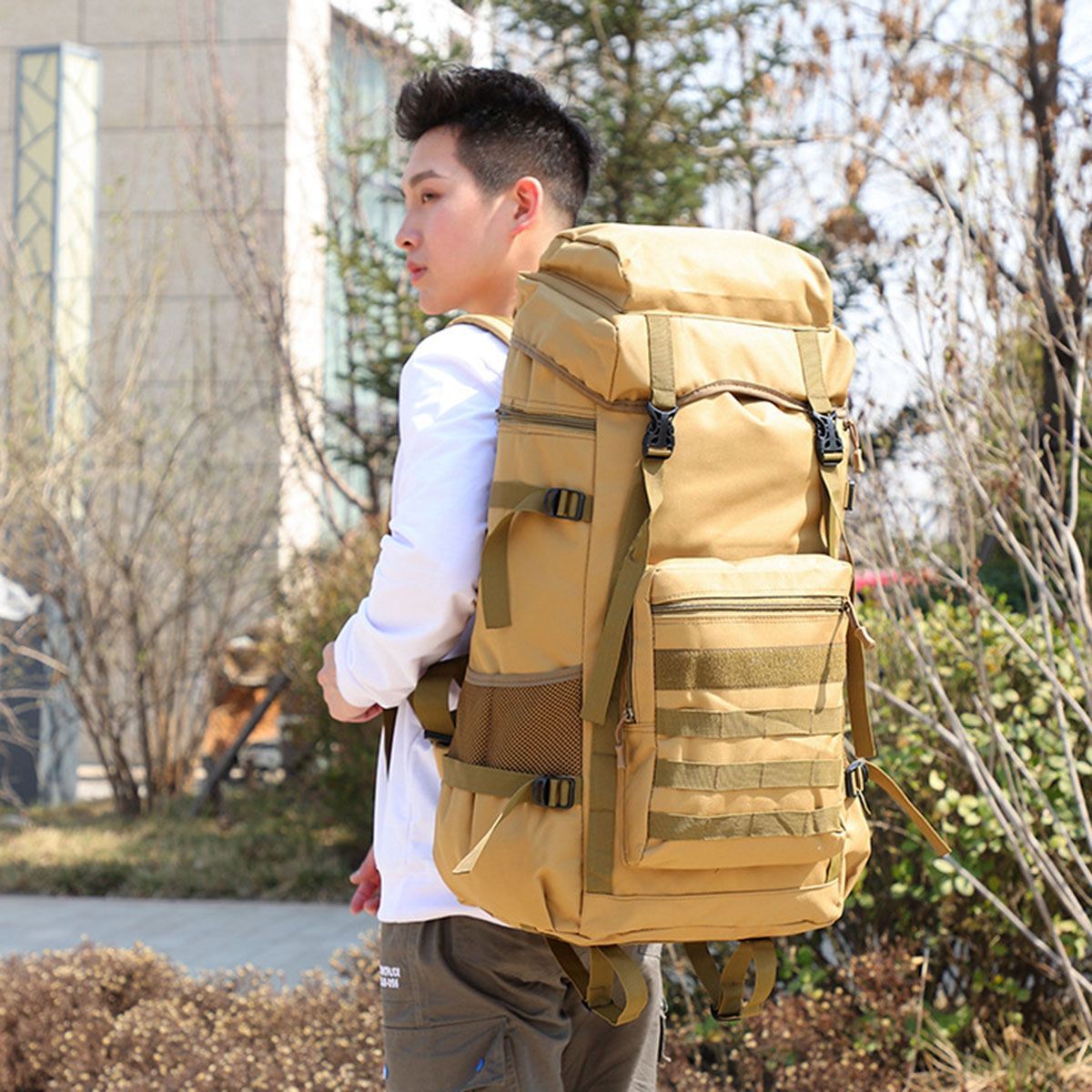 Yellow Pandora waterproof military backpack 70L for outdoor camping and hiking adventures